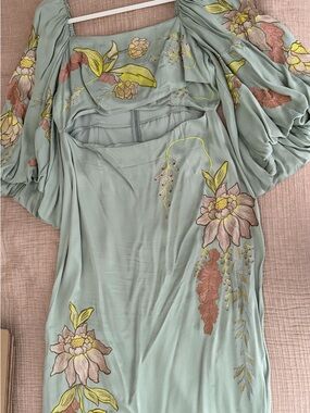 ASOS Sage Green Satin Midi Dress with Pink & Yellow Floral Embroidery